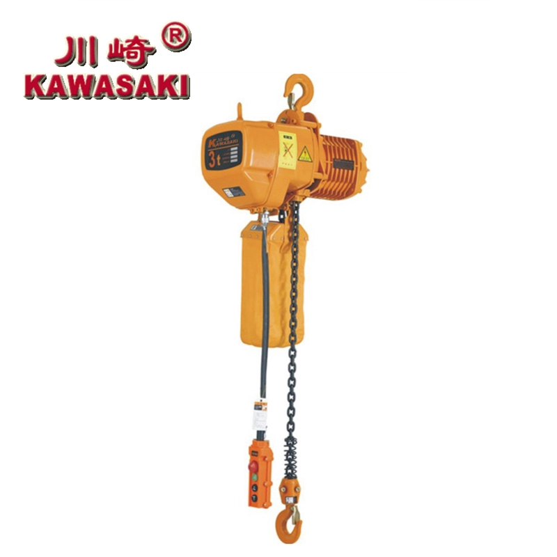KKBB electric chain hoist showing the load chain, safety hook, pendant control, and key inspection points