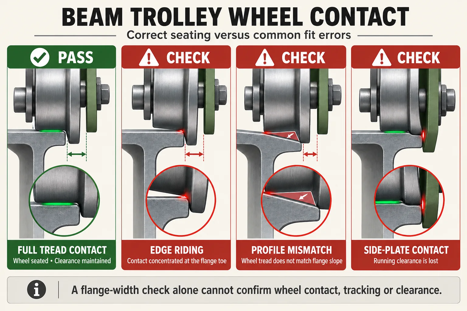 Beam trolley wheel contact comparison showing correct seating, edge riding, wheel-to-flange profile mismatch and side-plate interference