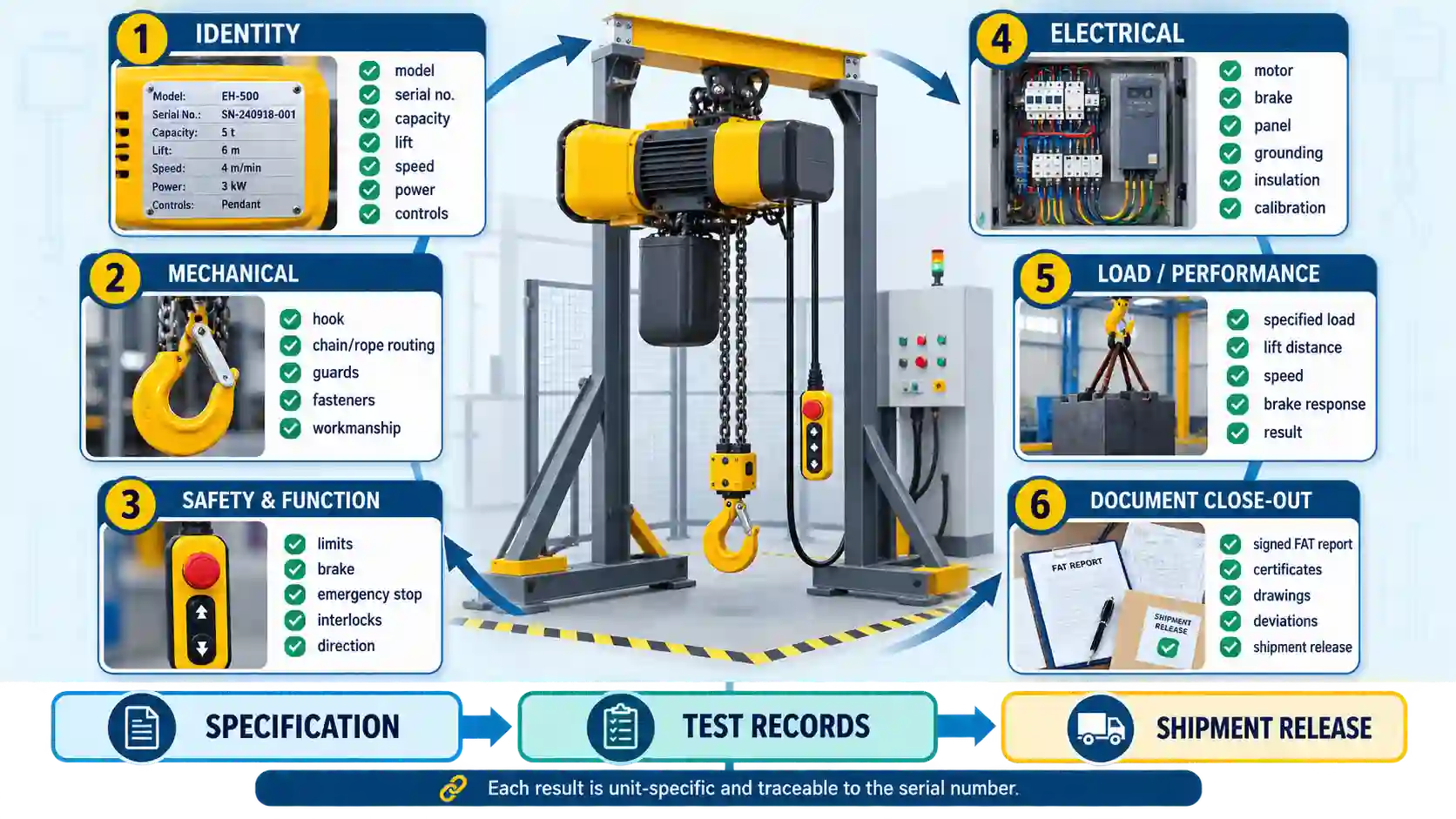 Electric hoist factory acceptance testing evidence chain from specification to shipment release
