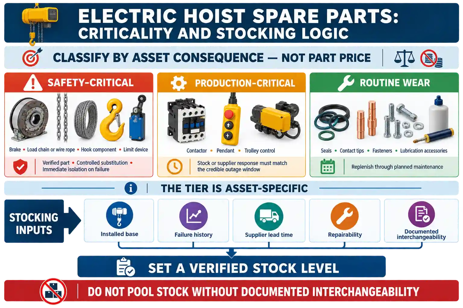 Electric hoist spare parts criticality and stocking logic based on asset risk, failure history, lead time and interchangeability