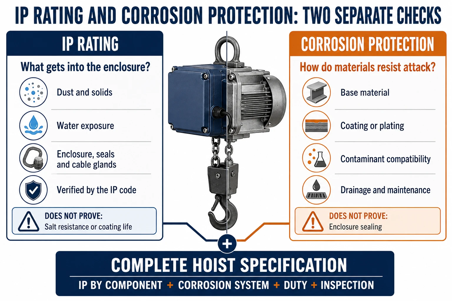 IP rating and corrosion protection comparison for an industrial hoist, covering water ingress, enclosure seals, materials, coatings and maintenance