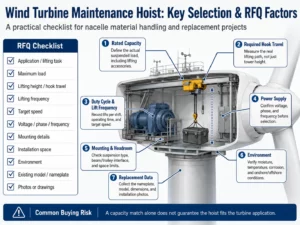 Wind turbine maintenance hoist selection and RFQ checklist showing rated capacity, hook travel, duty cycle, power supply, mounting, and environment